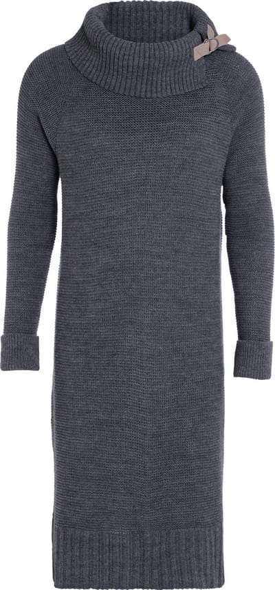 Knit Factory Jamie Gebreide Dames Jurk - Trui jurk dames - Wollen jurk - Herfst- & winterjurk - Wijde jurk - Met warme opstaande kraag - Antraciet - 40/42 - Knielengte