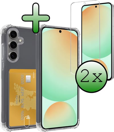 Hoesje Geschikt voor Samsung Galaxy S24 FE - Met 2x Screenprotector - Pashouder - Kaarthouder - Telefoon Hoes Shockproof - Siliconen Case - Back Cover - Shock Proof - Pasjes Houder - Transparant
