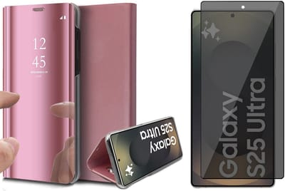 Hoesje geschikt voor Samsung Galaxy S25 Ultra - Privacy Screenprotector Volledig Dekkend Glas - Spiegel Book Case Rosegoud