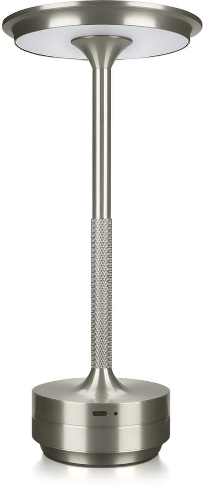 MMOBIEL LED Tafellamp Dimbaar Oplaadbaar – Draadloze Metalen Ronde Tafellamp met Touchbediening, 3 Lichtkleuren, USB-C, 1800mAh Accu voor Binnen & Buiten, Slaapkamer, Restaurant, Patio – Zilver