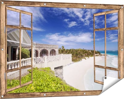 Gards Tuinposter Doorkijk Het Strandhuis - 120x80 cm - Tuindoek - Tuindecoratie - Wanddecoratie buiten - Tuinschilderij