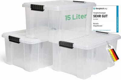 Novaliv 3x opbergdozen met deksel 15L transparant nestbaar stapelbaar opbergdozen met clipsluiting kunststof doos BPA-vrij 41 x 29 x 20 cm
