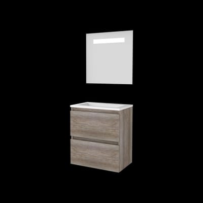 Basic-Line Economic 39 Badkamermeubelset - Ondiep - 60 x 39 cm - Greeploos - 2 Lades - Keramische Wastafel - 1 Kraangat - Spiegel met LED Verlichting - Scotch Oak