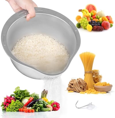 GELLDG Rijstwaskom - Roestvrijstalen rijstwaskom - Rijstzeef met schenktuit - Keukenaccessoires - Roestvrijstalen pastazeef - Geschikt voor het wassen en uitlekken van fruit, groenten, granen en bonen.