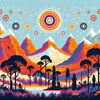 Pixel art aboriginal schilderij | Indigenous Heritage Pixelated: A Contemporary Aboriginal Masterpiece in Pixels | Kunst - 30x30 centimeter op Dibond | Foto op Dibond
