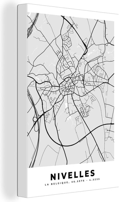 Canvas Schilderij Stadskaart – Zwart Wit - Kaart – Nivelles – België – Plattegrond - 20x30 cm - Wanddecoratie