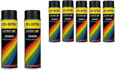 Motip verf primer Grondverf 7 stuks Spuitbus Primer zwart sneldrogend 500 ML voor metaal , hout, aluminium en steen - 25 % EXTRA
