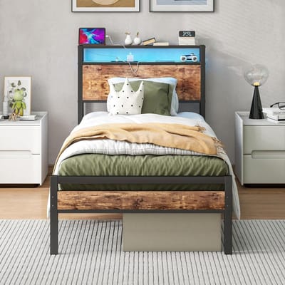 Eenpersoonsbedframe - Bed met opbergruimte - Slaapkamer organiseren - Hoofdeinde met oplaadstation - 90 x 190 cm - Bruin