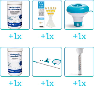 Zwembad Onderhoudspakket - Onderhoud Zwembad - bevat Chloor - Testrips - Chloordrijver - Chloor - Schoonmaakset en Thermometer (6-delig)
