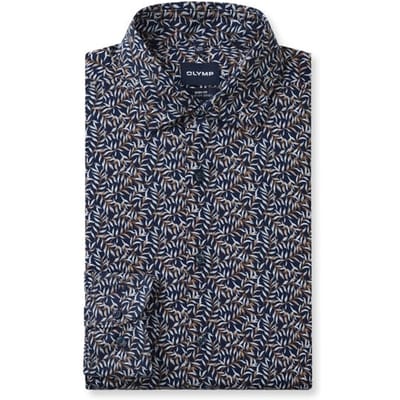OLYMP 24/7 Level 5 body fit overhemd - tricot - donkerblauw met groen en lichtblauw dessin - Strijkvriendelijk - Boordmaat: 42 (EU maat: L)