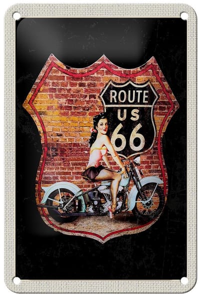 Blechschild Reise 12x18cm USA Amerika Route US 66 Motorrad Frau Schild