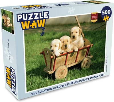 Puzzel Drie schattige Golden Retriever puppy's in een kar - Legpuzzel - Puzzel 500 stukjes