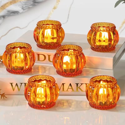 Set van 6 Amberkleurige Vintage Kaarshouders voor Theelichtjes - Geribbeld Glas