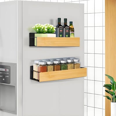 PromoHome Magnetisch Kruidenrek voor Koelkast 2 Stuks - Bamboe Magneetplank - Zwart - Keuken Opslag