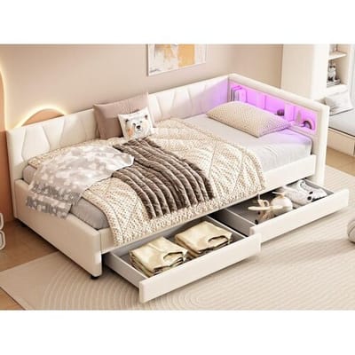ModernLuxe Dagbed bed met LED 90x200cm - met 2 lades en opbergpoorten - linnen stof - Beige