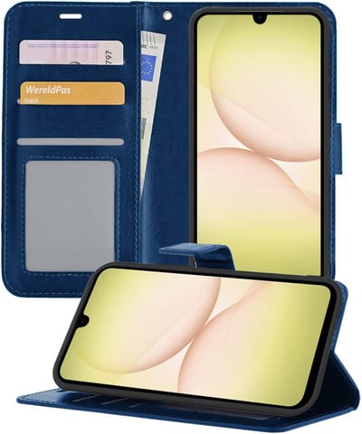Hoesje - Met Pasjeshouder - Geschikt voor Samsung Galaxy A17 - Luxe Bookcase Portemonee - Flip Case - Kunstleer Book Case - Flipcase - Book Cover - Walletcase - Portemonneehoes - Telefoonhoesjes - Donkerblauw