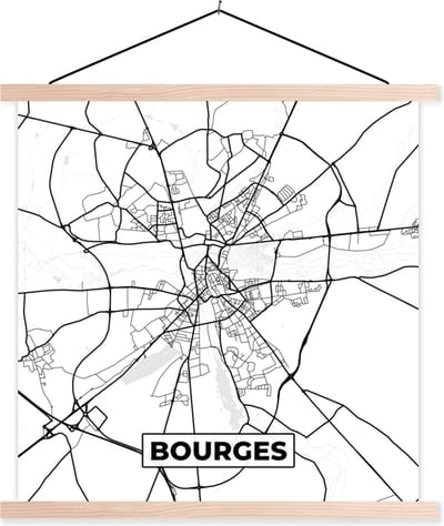 Posterhanger incl. Poster 40x40 cm - Schoolplaat - Bourges - Frankrijk - Stadskaart - Plattegrond - Kaart - Zwart wit - Textielposter - Blanke latten - Stadskaart