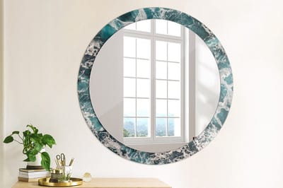 Wallfluent Bedrukte Ronde Spiegel - Ronde Spiegel Met Decoratie Stormachtige Zee - 90 cm / 76 cm - Blauw - Blauw Ronde Spiegel Lijst Met Print - Slaapkamerspiegel - Badkamerspiegel - Gang - Kleedkamer - Hangspiegel