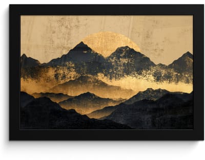 Poster in lijst - Fotolijst 30x20 cm - Posters - Gouden Bergen bij Maanlicht - Posterlijst zwart - Decoratie - Wanddecoratie woonkamer - Muurdecoratie slaapkamer