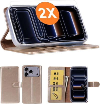 Hoesje geschikt voor iPhone 17 Pro hoesje Goud pasjeshouder telefoon hoes - Met screenprotector tempered glass voor iPhone 17 Pro - 2x