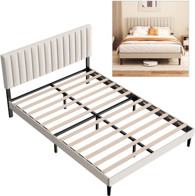 KUTAS heavy duty metalen bedframe - tweepersoonsbed met lattenbodem -140x190 cm - Gestoffeerd bed - verstelbaar hoofdeinde - Opbergruimte Onder Bed - Stevig - Stil - Anti Slip - Grijs Beige (geen matras)