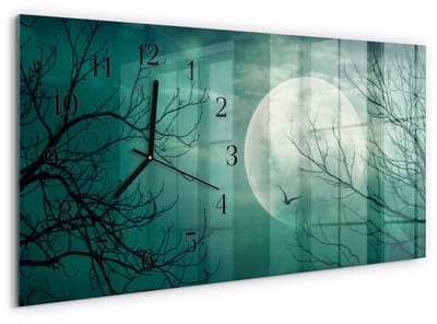 Tulup Wandklok - Maan Decoratieve Glazen Klok - 60x30 cm - Turkoois Glazen Wandklok Design - Zwarte Handen - Rechthoekige Wandklok - Glazen Klok Met Print - Wandklok Glas Met Motief
