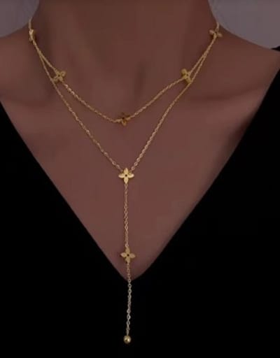 Dubbele luxe ketting met klaver - long clover necklace - kleur goud - stainless steel - waterproof - cadeau - kado -idee - moeder - dochter