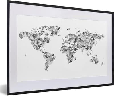 Poster in lijst - Fotolijst 60x40 cm - Posters - Wereldkaart - Kleuren - Vlinders - Kinderen - Jongens - Meisjes - Posterlijst zwart - Decoratie - Wanddecoratie woonkamer - Muurdecoratie slaapkamer