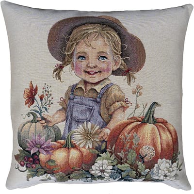 Kussenhoes - Luxe gobelinstof - Meisje in pompoenenveld en bloemen - 45 x 45 cm
