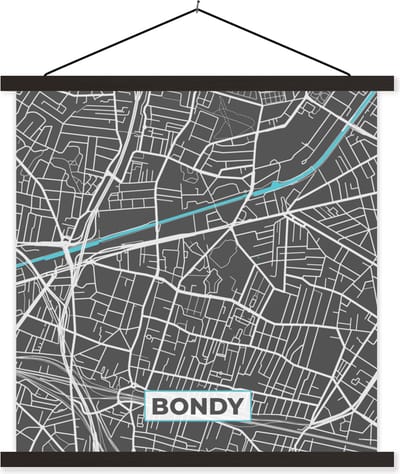 Posterhanger incl. Poster 60x60 cm - Schoolplaat - Bondy - Frankrijk - Kaart - Stadskaart - Plattegrond - Textielposter - Zwarte latten - Stadskaart