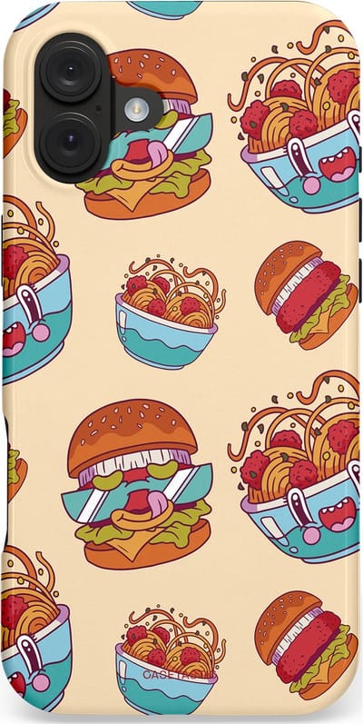 Casetastic hoesje geschikt voor Apple iPhone 16 Plus - MagSafe - Dubbellaagse bescherming - Cartoon Hamburgers - Fashion Case - Zand Terracotta Lichtblauw Grijs