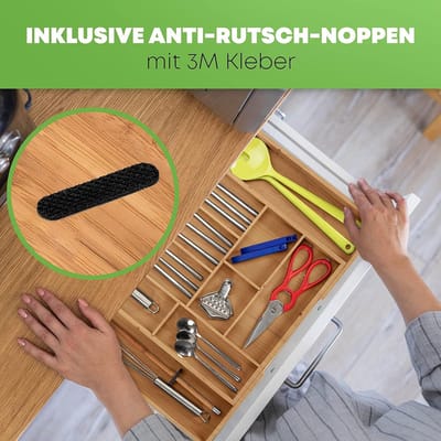 Bestekbak van hoogwaardig bamboe met 5 uitneembare verdelers - anti-slip lade-inzet voor laden van 34-50 cm lengte - natuur - extra vakverdeling