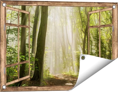 Gards Tuinposter Doorkijk Bos met Bomen en Zonneschijn - 60x40 cm - Tuindoek - Tuindecoratie - Wanddecoratie buiten - Tuinschilderij
