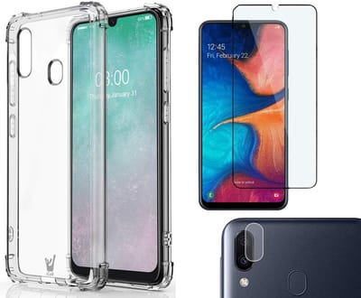 Hoesje geschikt voor Samsung Galaxy A20e - Transparant Shock Proof Case + Screenprotector Full + Camera Protector