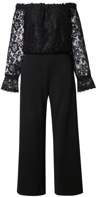 Ulla Popken - Dames - Jumpsuit carmenhals wijde pijpen lange mouwen - Zwart - Maat 54