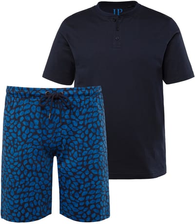 JP 1880 - Heren - Pyjama loungewear tweedelig Henley short - Navy blauw - Maat L