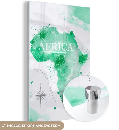 ® Glasschilderij 80x120 cm - Schilderij acrylglas - Afrika - Wereldkaart - Waterverf - Foto op glas - Muurdecoratie woonkamer - Wanddecoratie slaapkamer - Schilderijen