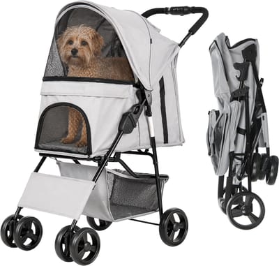 HiPet® Hondenbuggy Senna – Inklapbaar – Grijs – Tot 15 kg – Met Boodschappenmand