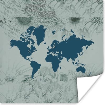 Poster 30x30 cm - Wereldkaart - Blauw - Bloem - Posters - Kamer decoratie - Wanddecoratie woonkamer - Muurdecoratie slaapkamer