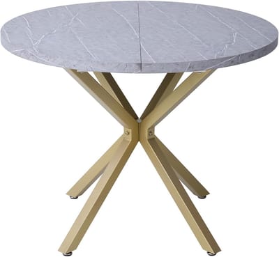 Eettafel Marmerlook - Keukentafel Rond - Gezellig Tafelen - Metalen Poten - 100 cm Diameter - Grijs Goud