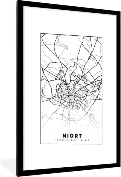 Fotolijst incl. Poster Zwart Wit- Niort - Stadskaart - Plattegrond - Kaart - Frankrijk - Zwart wit - 60x90 cm - Posterlijst