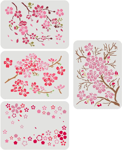 Allecto - Kersenbloesem Tak Stencils - DIY Bloemenpatroon - Creatieve Decoratie - 29,7 x 21,1 cm - Perfect voor Hout en Muur - Set van 4