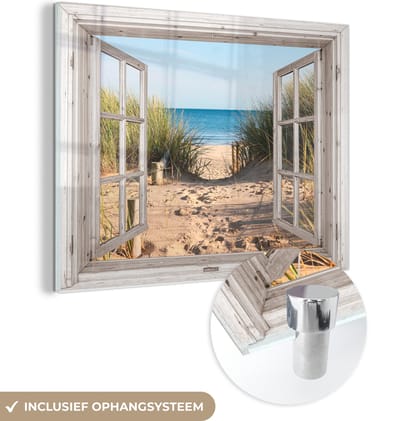 MuchoWow® Glasschilderij 40x30 cm - Schilderij acrylglas - Doorkijk - Strand - Zee - Duinen - Zand - Water - Helmgras - Foto op glas - Schilderijen