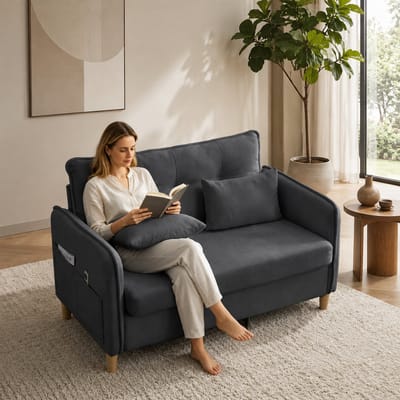 Welltin Tweezitsbank - 2-zits bank - Comfortabele zitbank - Kleine Sofa - 127x75x83 cm - Zacht zitkussen - Met zakken aan de zijkant - Met armleuningen - Chenille - Geschikt voor kantoren, woonkamers en studeerkamers - Donkergrijs