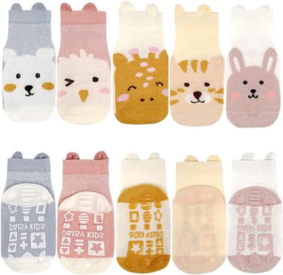 Comfortabele antislip peutersokken, 5 paar schattige dierenprint sokken voor kinderen, ideaal voor zomergebruik