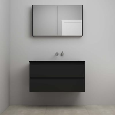 On-Line Badkamermeubelset - 100 cm - Voorgemonteerd - Ladestructuur - Acryl Wastafel - zonder Kraangat - Spiegelkast - Mat Zwart