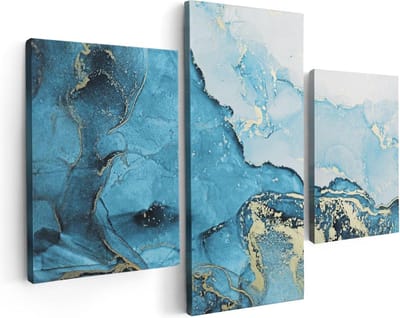 Artaza Canvas Schilderij Drieluik Abstracte Kunst van Blauwe Marmer met Goud - 90x60 - Foto Op Canvas - Canvas Print