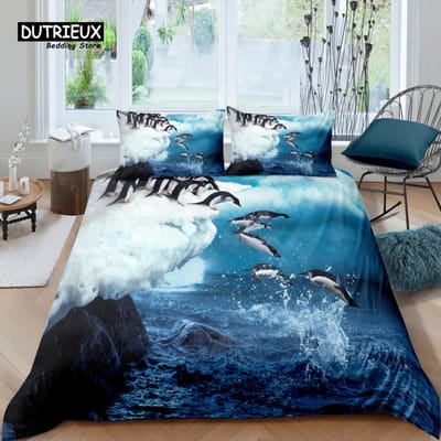 Home Living Luxe 3D Pinguïn Beddengoed Set Kinderen Dekbedovertrek Kussensloop Kinder Beddengoed Set Queen en King EU/VS/AU/VK Maat EU single(135x200cm)