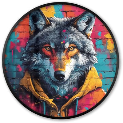 Poster in lijst Rond - Fotolijst 60x60 cm - Posters - Graffiti - Wolf - Street art - Blauw - Ronde posterlijst zwart - Decoratie - Wanddecoratie woonkamer - Muurdecoratie slaapkamer