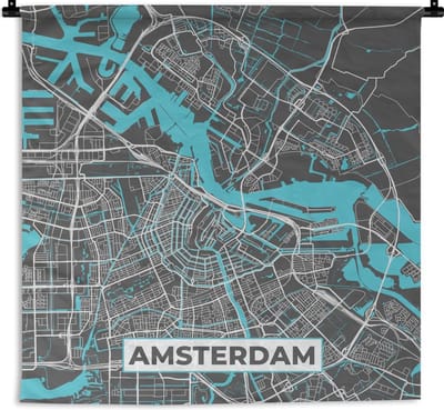 Wandkleed - Wanddoek - Plattegrond - Amsterdam - Grijs - Blauw - 180x180 cm - Wandtapijt - Stadskaart